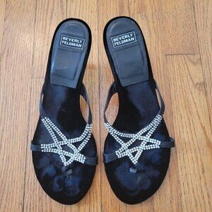 Beverly Feldman Black Rhinestone Embellished Sandals 10M Open Toe